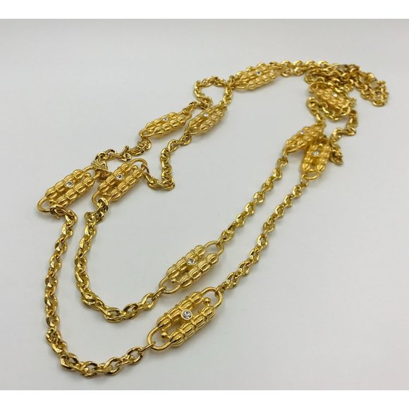 Necklace double strand gold tone textured with clear rhinestones by JBK 24" - 30 - Picture 3 of 4